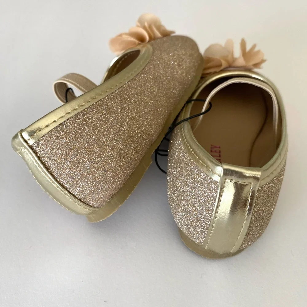 Laura Ashley Flower Dress Shoe Gold Infant 9-12 Months Sparkly Glitter Dressy